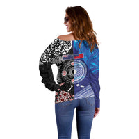 Samoa and Aotearoa Together Off Shoulder Sweater Tatau Art Tattoos-Taniko and Maori with Fern LT03 - Polynesian Pride