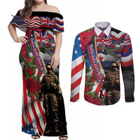 Hawaii and United States Memorial Day Couples Matching Off Shoulder Maxi Dress and Long Sleeve Button Shirt Honor and Remember The Fallen LT03 Blue - Polynesian Pride