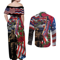 Hawaii and United States Memorial Day Couples Matching Off Shoulder Maxi Dress and Long Sleeve Button Shirt Honor and Remember The Fallen LT03 - Polynesian Pride