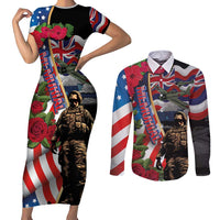 Hawaii and United States Memorial Day Couples Matching Short Sleeve Bodycon Dress and Long Sleeve Button Shirt Honor and Remember The Fallen LT03 Blue - Polynesian Pride
