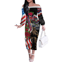 Hawaii and United States Memorial Day Off The Shoulder Long Sleeve Dress Honor and Remember The Fallen