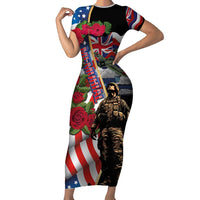 Hawaii and United States Memorial Day Short Sleeve Bodycon Dress Honor and Remember The Fallen