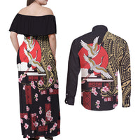 Japanese Culture and Hawaiian Tribal Couples Matching Off Shoulder Maxi Dress and Long Sleeve Button Shirt Sakura Blossom Tapa Pattern LT03 - Polynesian Pride