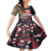 Japanese Culture and Hawaiian Tribal Family Matching Off Shoulder Maxi Dress and Hawaiian Shirt Sakura Blossom Tapa Pattern LT03 Daughter's Dress Black - Polynesian Pride