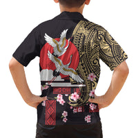 Japanese Culture and Hawaiian Tribal Family Matching Off Shoulder Short Dress and Hawaiian Shirt Sakura Blossom Tapa Pattern LT03 - Polynesian Pride