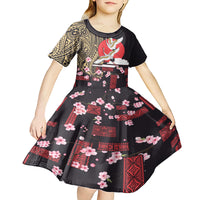 Japanese Culture and Hawaiian Tribal Kid Short Sleeve Dress Sakura Blossom Tapa Pattern
