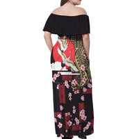Japanese Culture and Hawaiian Tribal Off Shoulder Maxi Dress Sakura Blossom Tapa Pattern