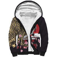 Japanese Culture and Hawaiian Tribal Sherpa Hoodie Sakura Blossom Tapa Pattern