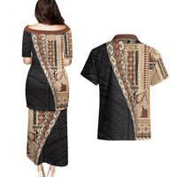 Samoa Siapo Motif Half Style Couples Matching Puletasi and Hawaiian Shirt Brown Version