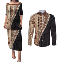 Samoa Siapo Motif Half Style Couples Matching Puletasi and Long Sleeve Button Shirt Brown Version LT03 Brown - Polynesian Pride