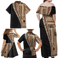Samoa Siapo Motif Half Style Family Matching Off Shoulder Maxi Dress and Hawaiian Shirt Brown Version
