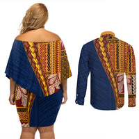 Samoa Siapo Motif Half Style Couples Matching Off Shoulder Short Dress and Long Sleeve Button Shirt Colorful Version