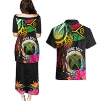 Personalised Vanuatu 44th Anniversary Couples Matching Puletasi and Hawaiian Shirt Boars Tusk and Melanesian Warrior Indipendens Dei