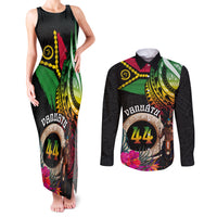 Personalised Vanuatu 44th Anniversary Couples Matching Tank Maxi Dress and Long Sleeve Button Shirt Boars Tusk and Melanesian Warrior Indipendens Dei LT03 Black - Polynesian Pride