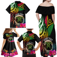 Personalised Vanuatu 44th Anniversary Family Matching Off Shoulder Maxi Dress and Hawaiian Shirt Boars Tusk and Melanesian Warrior Indipendens Dei LT03 - Polynesian Pride