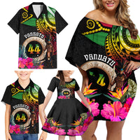Personalised Vanuatu 44th Anniversary Family Matching Off Shoulder Short Dress and Hawaiian Shirt Boars Tusk and Melanesian Warrior Indipendens Dei LT03 - Polynesian Pride
