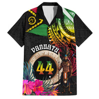 Personalised Vanuatu 44th Anniversary Family Matching Off Shoulder Short Dress and Hawaiian Shirt Boars Tusk and Melanesian Warrior Indipendens Dei LT03 Dad's Shirt - Short Sleeve Black - Polynesian Pride