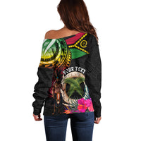 Personalised Vanuatu 44th Anniversary Off Shoulder Sweater Boars Tusk and Melanesian Warrior Indipendens Dei