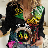 Personalised Vanuatu 44th Anniversary Women Casual Shirt Boars Tusk and Melanesian Warrior Indipendens Dei LT03 Female Black - Polynesian Pride