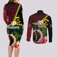 Vanuatu Indipendens Dei Couples Matching Long Sleeve Bodycon Dress and Long Sleeve Button Shirt Boars Tusk and Melanesian Warrior Hibiscus LT03 - Polynesian Pride