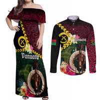 Vanuatu Indipendens Dei Couples Matching Off Shoulder Maxi Dress and Long Sleeve Button Shirt Boars Tusk and Melanesian Warrior Hibiscus LT03 Black - Polynesian Pride