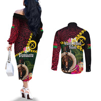 Vanuatu Indipendens Dei Couples Matching Off The Shoulder Long Sleeve Dress and Long Sleeve Button Shirt Boars Tusk and Melanesian Warrior Hibiscus LT03 - Polynesian Pride