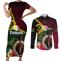 Vanuatu Indipendens Dei Couples Matching Short Sleeve Bodycon Dress and Long Sleeve Button Shirt Boars Tusk and Melanesian Warrior Hibiscus LT03 Black - Polynesian Pride