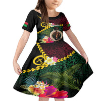 Vanuatu Indipendens Dei Family Matching Mermaid Dress and Hawaiian Shirt Boars Tusk and Melanesian Warrior Hibiscus LT03 Daughter's Dress Black - Polynesian Pride