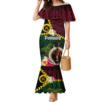 Vanuatu Indipendens Dei Family Matching Mermaid Dress and Hawaiian Shirt Boars Tusk and Melanesian Warrior Hibiscus LT03 Mom's Dress Black - Polynesian Pride