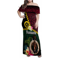 Vanuatu Indipendens Dei Family Matching Off Shoulder Maxi Dress and Hawaiian Shirt Boars Tusk and Melanesian Warrior Hibiscus LT03 Mom's Dress Black - Polynesian Pride
