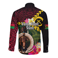 Vanuatu Indipendens Dei Long Sleeve Button Shirt Boars Tusk and Melanesian Warrior Hibiscus
