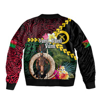 Vanuatu Indipendens Dei Sleeve Zip Bomber Jacket Boars Tusk and Melanesian Warrior Hibiscus