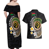 Vanuatu Independence Day Couples Matching Off Shoulder Maxi Dress and Hawaiian Shirt Melanesian Tribal Pig Tusk with Tropical Plants