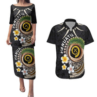 Vanuatu Independence Day Couples Matching Puletasi and Hawaiian Shirt Melanesian Tribal Pig Tusk with Tropical Plants