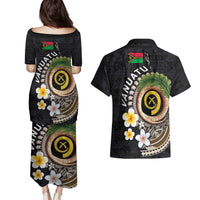 Vanuatu Independence Day Couples Matching Puletasi and Hawaiian Shirt Melanesian Tribal Pig Tusk with Tropical Plants