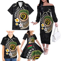 Vanuatu Independence Day Family Matching Off The Shoulder Long Sleeve Dress and Hawaiian Shirt Melanesian Tribal Pig Tusk with Tropical Plants
