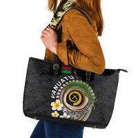 Vanuatu Independence Day Leather Tote Bag Melanesian Tribal Pig Tusk with Tropical Plants LT03 Black - Polynesian Pride