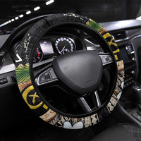 Vanuatu Independence Day Steering Wheel Cover Melanesian Tribal Pig Tusk with Tropical Plants LT03 Universal Fit Black - Polynesian Pride