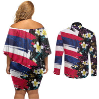 Hawaiian Flag Day Couples Matching Off Shoulder Short Dress and Long Sleeve Button Shirt Tropical Flowers and Leaves