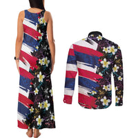 Hawaiian Flag Day Couples Matching Tank Maxi Dress and Long Sleeve Button Shirt Tropical Flowers and Leaves