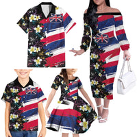 Hawaiian Flag Day Family Matching Off The Shoulder Long Sleeve Dress and Hawaiian Shirt Tropical Flowers and Leaves