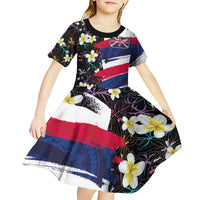 Hawaiian Flag Day Kid Short Sleeve Dress Tropical Flowers and Leaves
