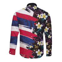 Hawaiian Flag Day Long Sleeve Button Shirt Tropical Flowers and Leaves