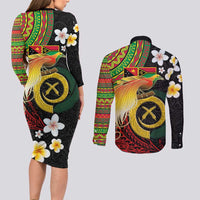 Vanuatu and Papua New Guinea Together Couples Matching Long Sleeve Bodycon Dress and Long Sleeve Button Shirt Bird-of-paradise and Pig Tusk Melanesian Pattern
