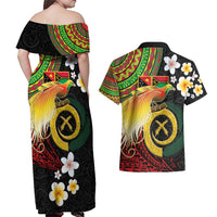 Vanuatu and Papua New Guinea Together Couples Matching Off Shoulder Maxi Dress and Hawaiian Shirt Bird-of-paradise and Pig Tusk Melanesian Pattern