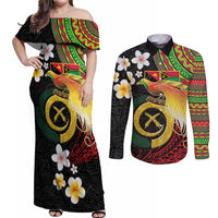 Vanuatu and Papua New Guinea Together Couples Matching Off Shoulder Maxi Dress and Long Sleeve Button Shirt Bird-of-paradise and Pig Tusk Melanesian Pattern