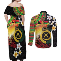 Vanuatu and Papua New Guinea Together Couples Matching Off Shoulder Maxi Dress and Long Sleeve Button Shirt Bird-of-paradise and Pig Tusk Melanesian Pattern