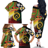 Vanuatu and Papua New Guinea Together Family Matching Off The Shoulder Long Sleeve Dress and Hawaiian Shirt Bird-of-paradise and Pig Tusk Melanesian Pattern
