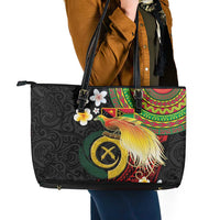 Vanuatu and Papua New Guinea Together Leather Tote Bag Bird-of-paradise and Pig Tusk Melanesian Pattern