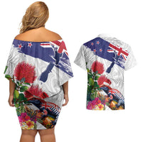 New Zealand Christmas Couples Matching Off Shoulder Short Dress and Hawaiian Shirt Meri Kirihimete-Tuatara and Pohutukawa White Color LT03 - Polynesian Pride